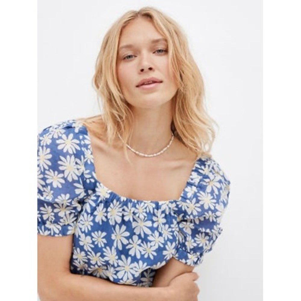 American Eagle Blue Daisy Floral Puff‎ Sleeve Crop Top XS festival Cotton